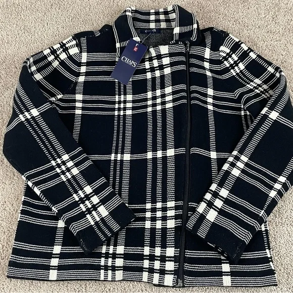 Chaps Sweater Jacket Women Large Black Plaid Asymmetrical Zip NWT T184 - Picture 1 of 12
